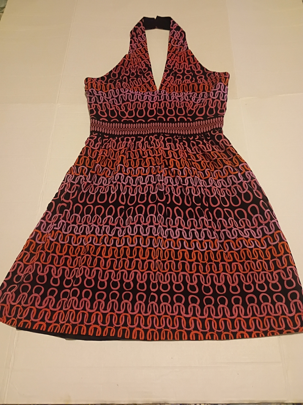 Trina Turk Black Halter Dress with Pink & Orange Loop Print
